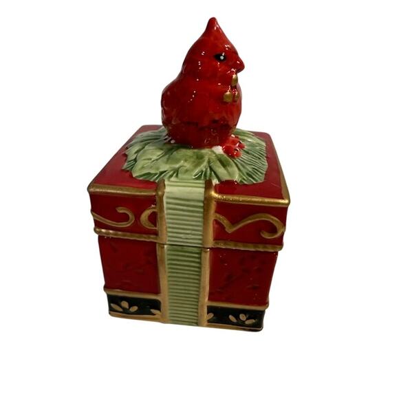 Fitz and floyd Winter Claus Red Cardinal Lidded Trinket Box, w/ Original Box - Picture 4 of 7